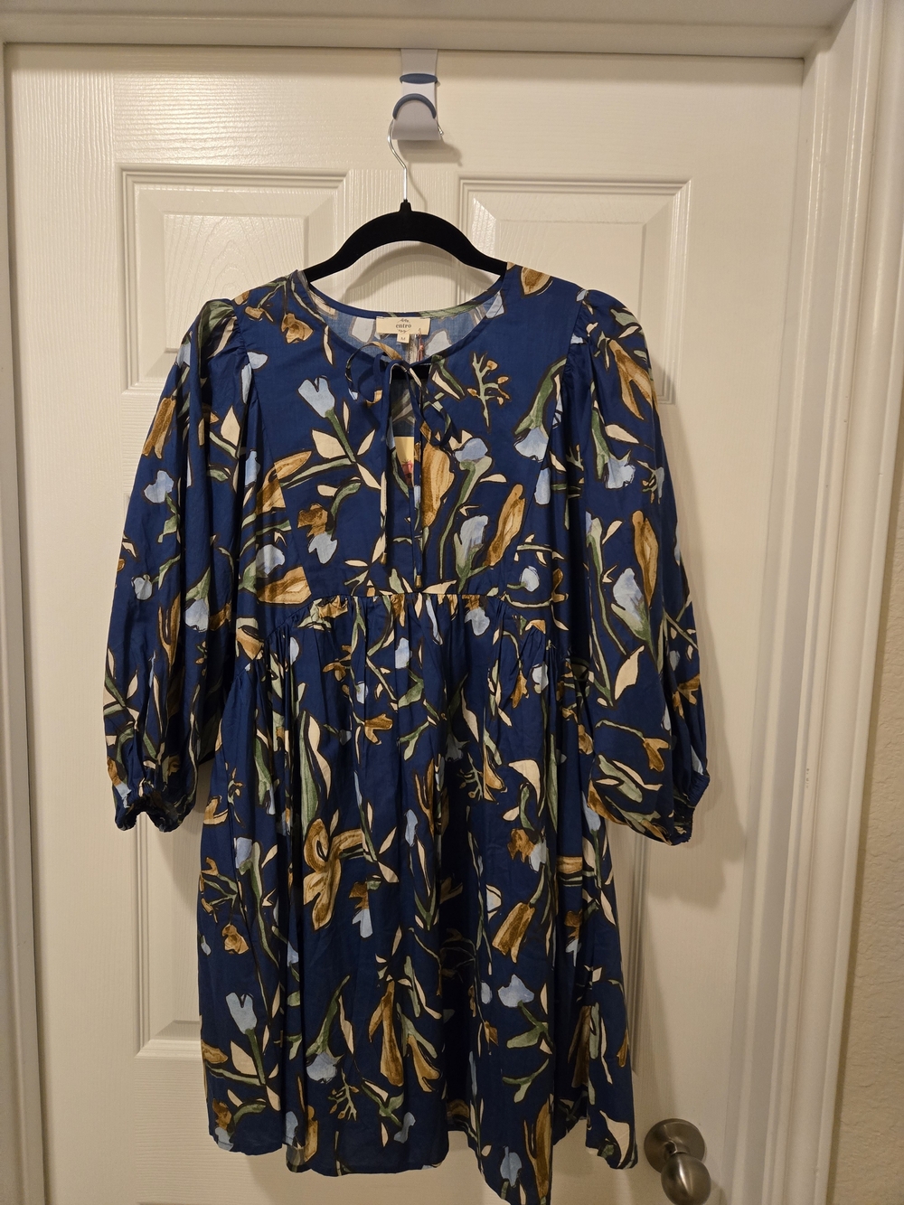 entro Blue Floral Midi Dress with Puff Sleeves and Tie Neck